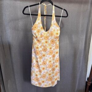 Hollister retro 70s Backless Floral sun Dress size S Small Orange White yellow